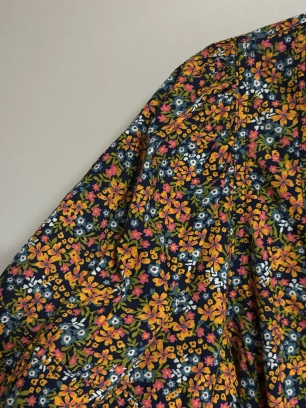 Free People Blouse I Found You Floral Mustard Navy Print w/ Puff Sleeves Medium